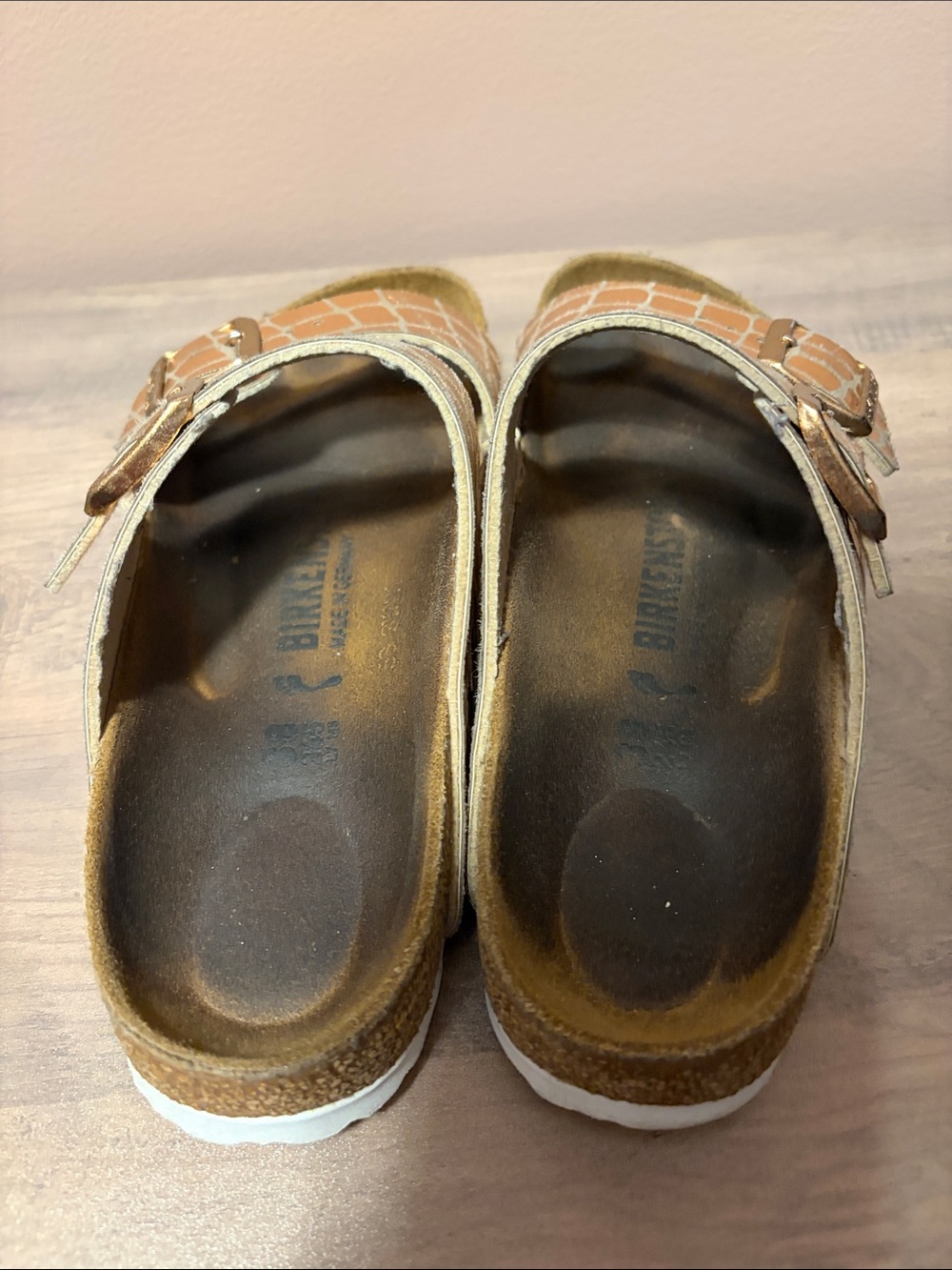Birkenstock Metallic Bronze Croc-Embossed Double Buckle Sandals - Picture 3 of 8